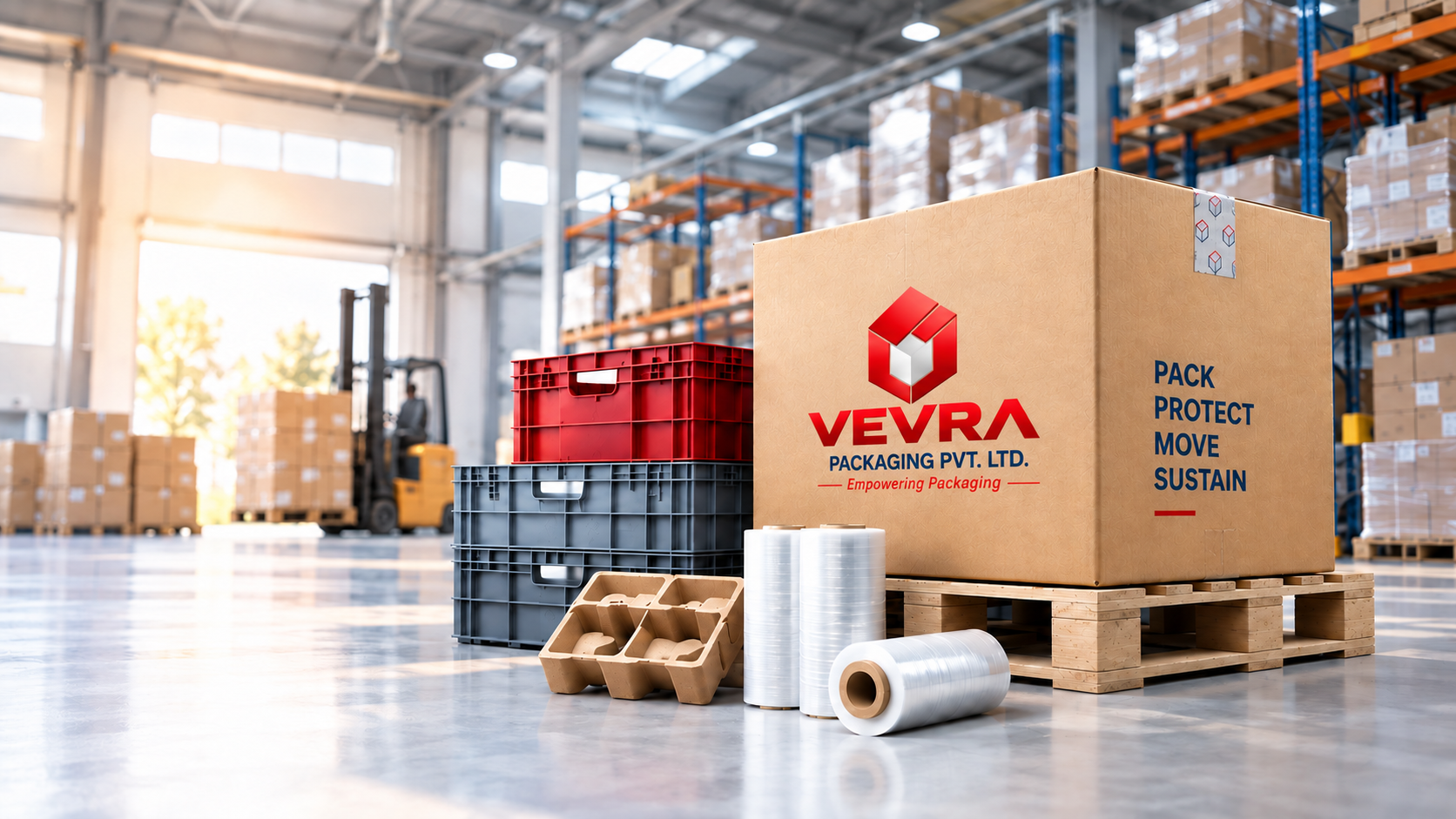 VEVRA End-to-End Packaging Ecosystem - Wooden Pallet, Boxes, Crates and Film Rolls